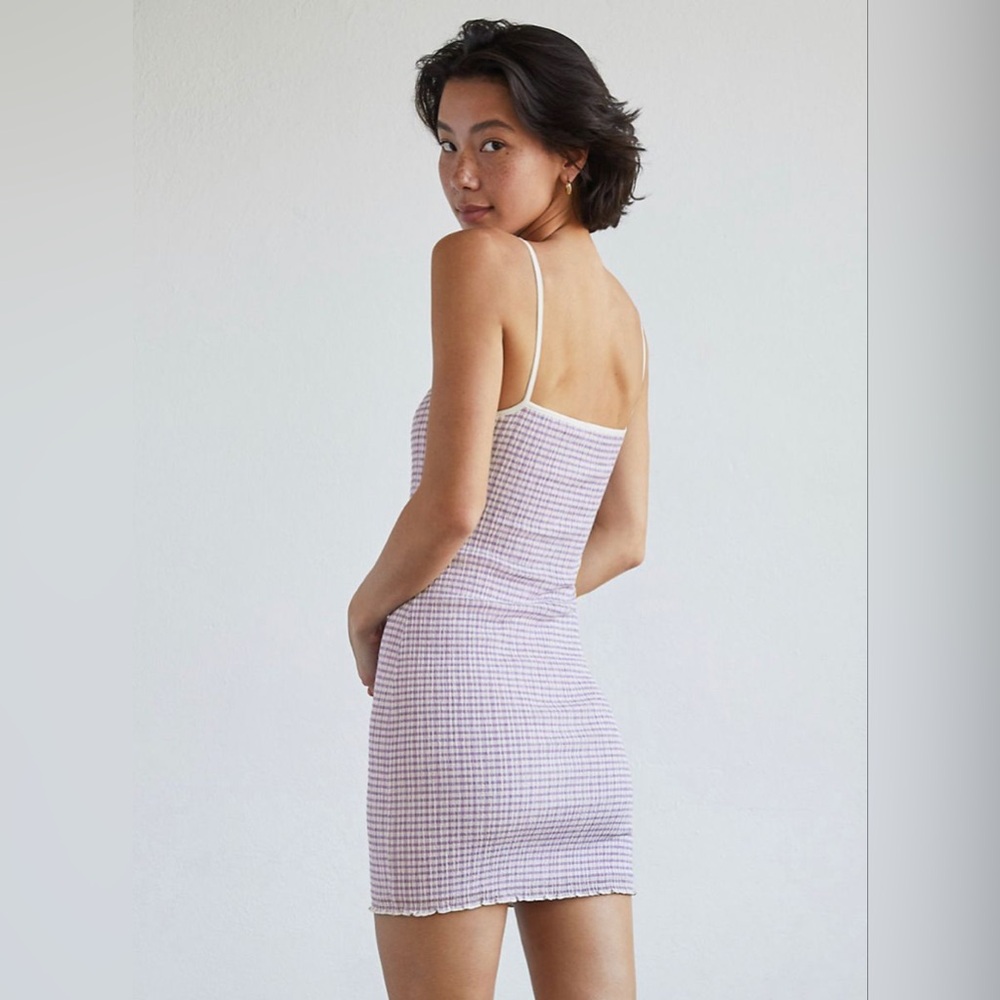 Aritzia Wilfred Gingham Jazz Mini Dress in Blue